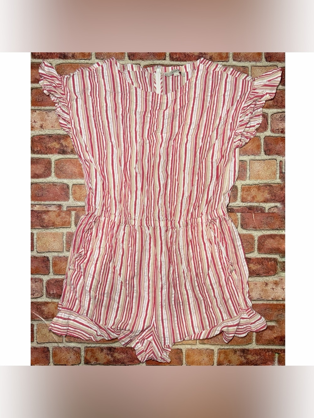Pre-Owned Loft Pink Candy Stripe Romper Ruffle Trim Plus Size XL Cute Chic